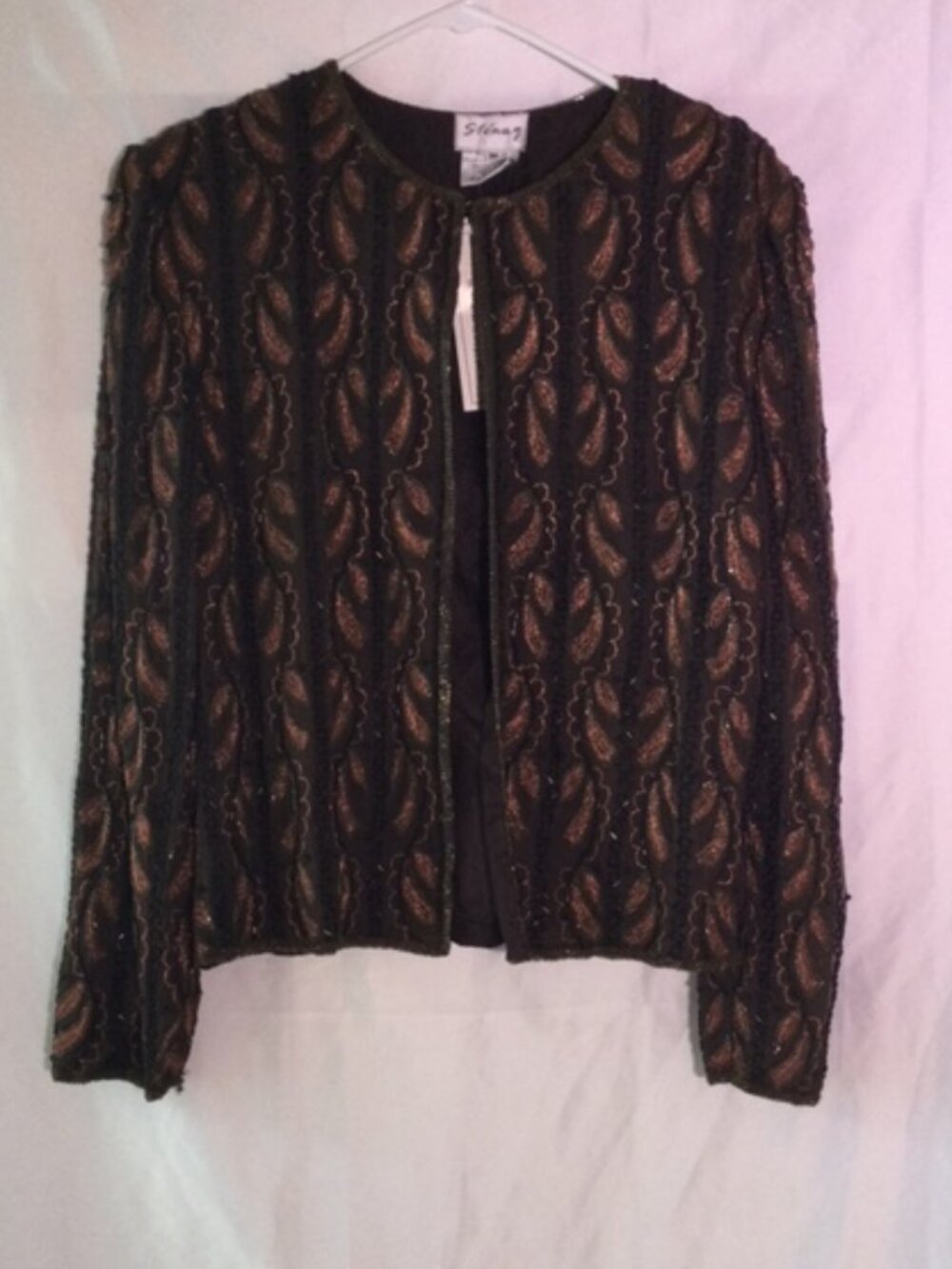 Sténay 100% Silk Hand Beaded Evening Jacket Black Bronze Size M NWT